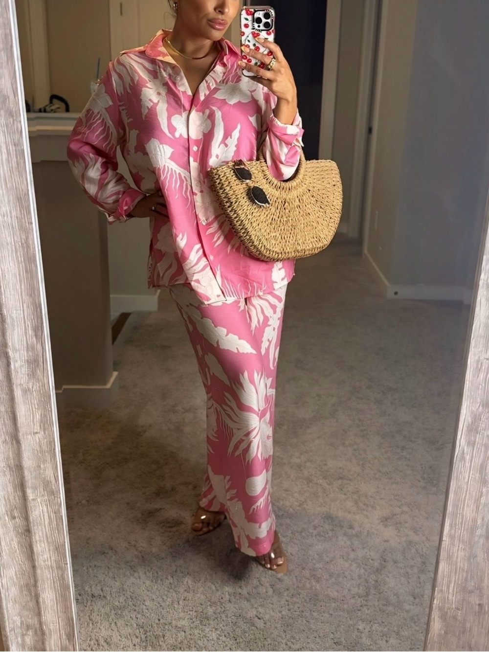 H&M Pink & White Wide Leg Pants Set - Tropical Print.. worn once.